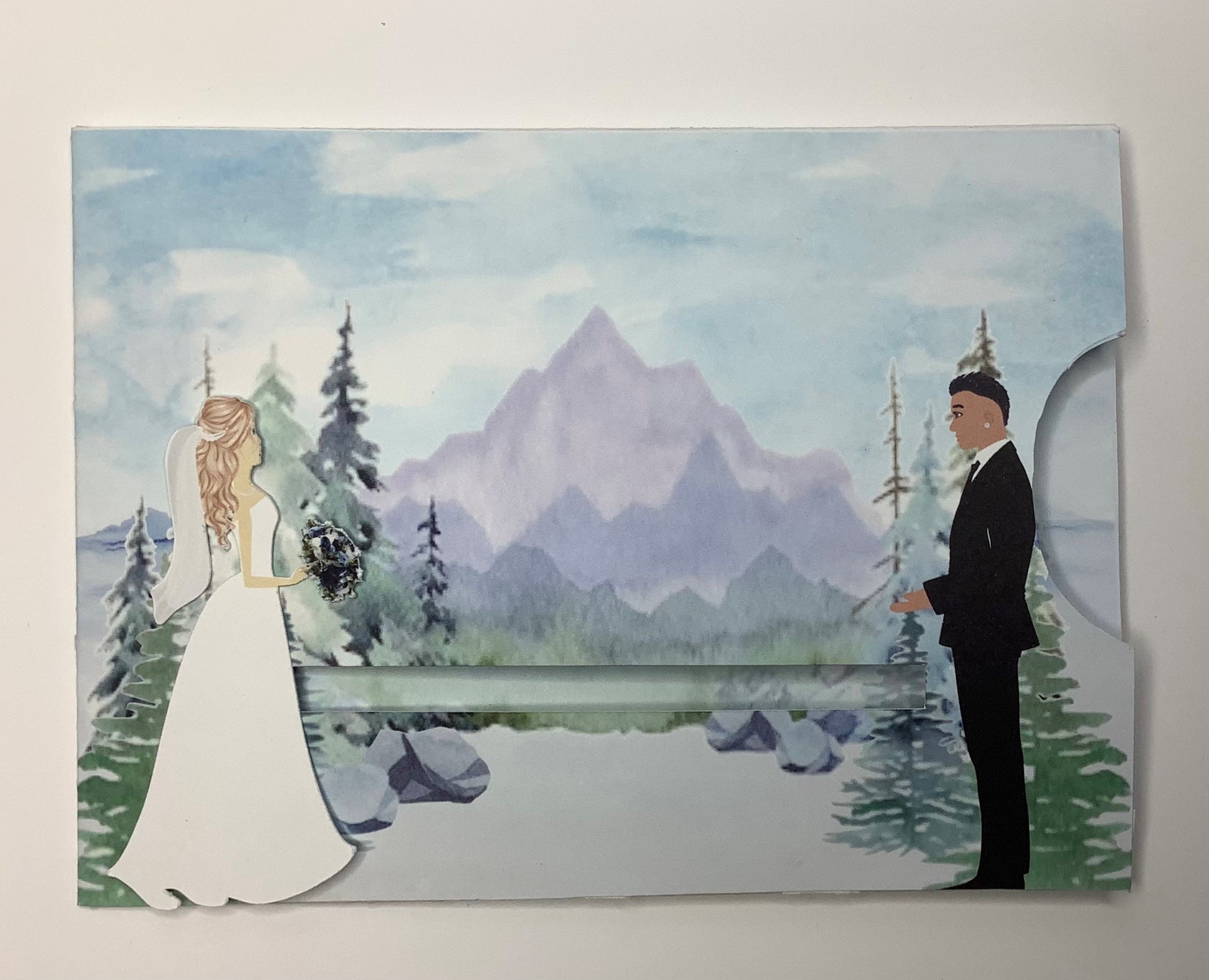 mountain background  in soft watercolor print with bride that slides to groom