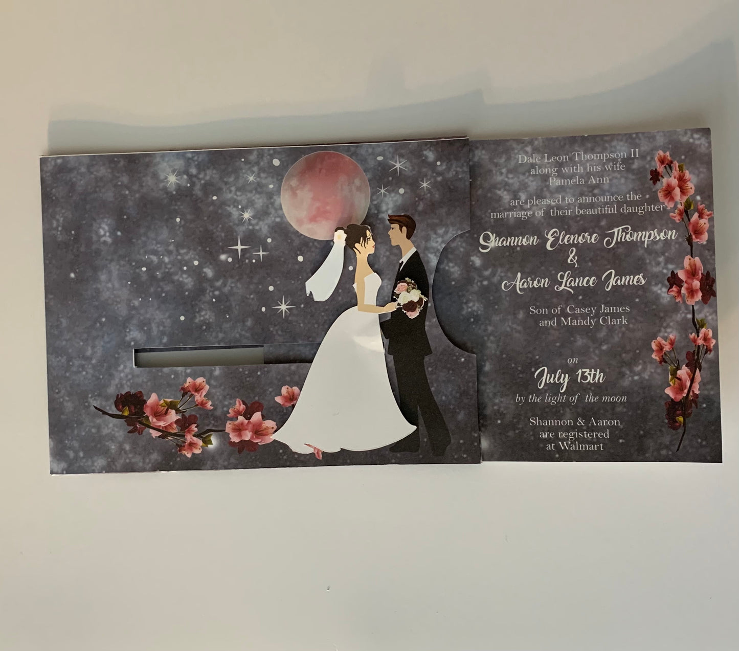 sliding bride wedding invite Midnight moon