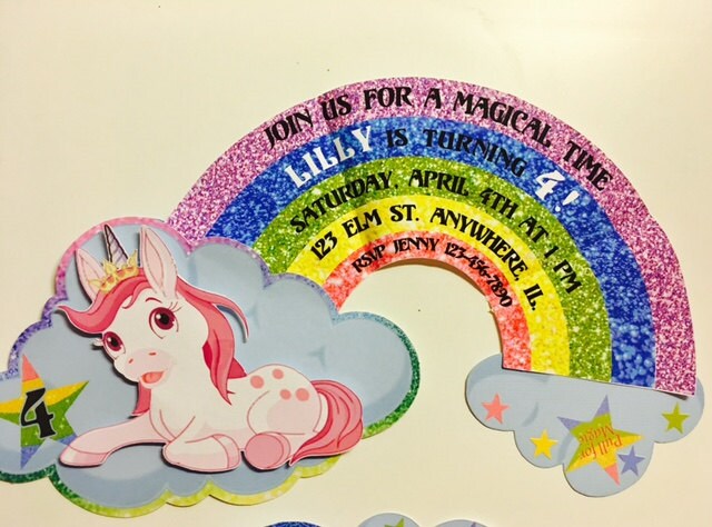 Rainbow Unicorn Invitation/Customized Birthday Invite  12 invites with envelopes