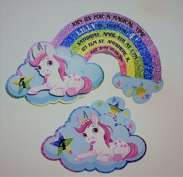 Rainbow Unicorn Invitation/Customized Birthday Invite  12 invites with envelopes