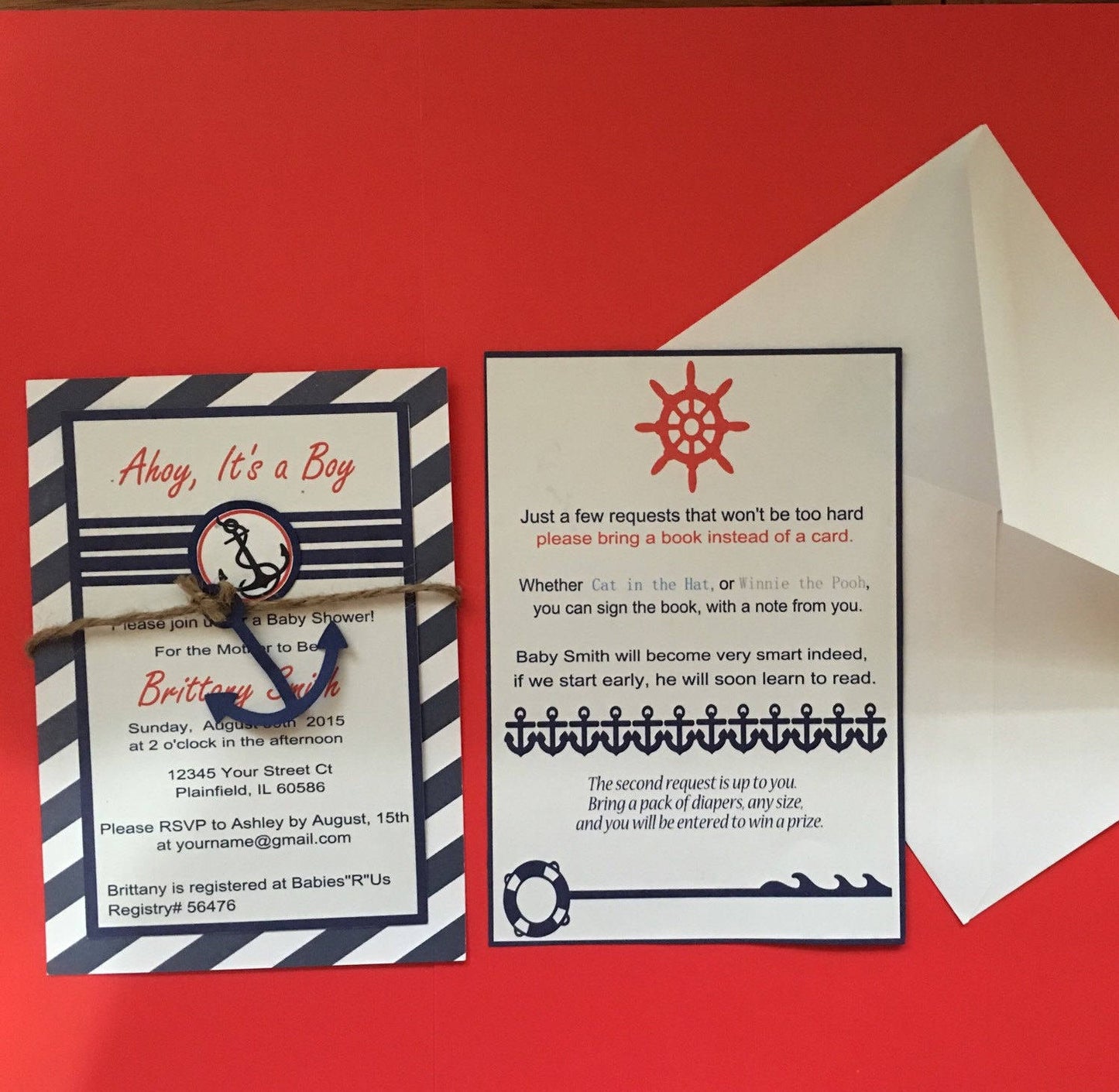 Nautical Baby Shower Invitation/ set if 12 invites with envelopes