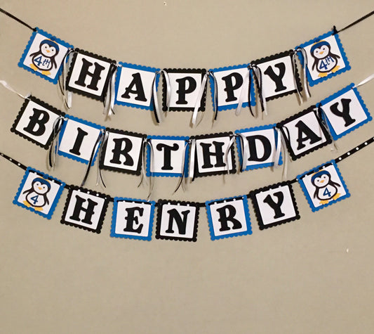 Penguin Birthday Banner/custom burthday banner.  This customized Penguin banner is customizable for either a girl ir boy.