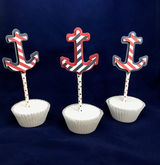 Nautical Cupcake Toppers/ Anchor cupcake toppers/Life preserver Toppers/ Ahoy Cupcake toppers - set of 12 toppers