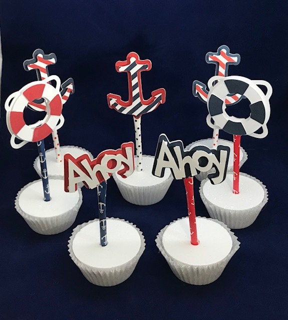 Nautical Cupcake Toppers/ Anchor cupcake toppers/Life preserver Toppers/ Ahoy Cupcake toppers - set of 12 toppers