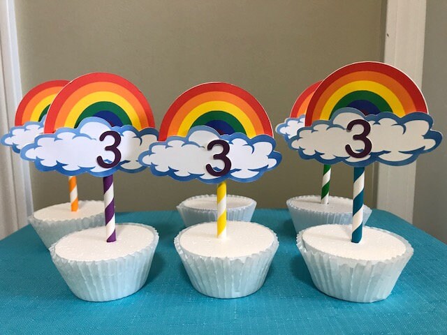 Rainbow cupcake toppers/rainbow and cloud toppers - set of 12