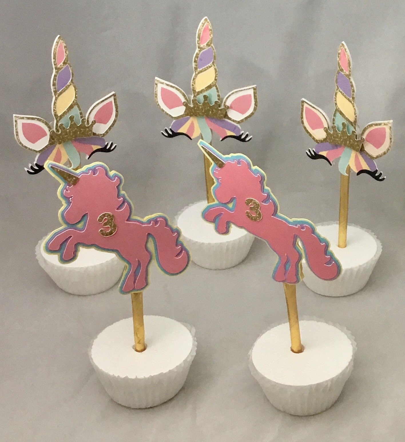 Unicorn cupcake toppers with gold straws/set of 12 toppers/  unicorn horn and ears/ layered unicorns.