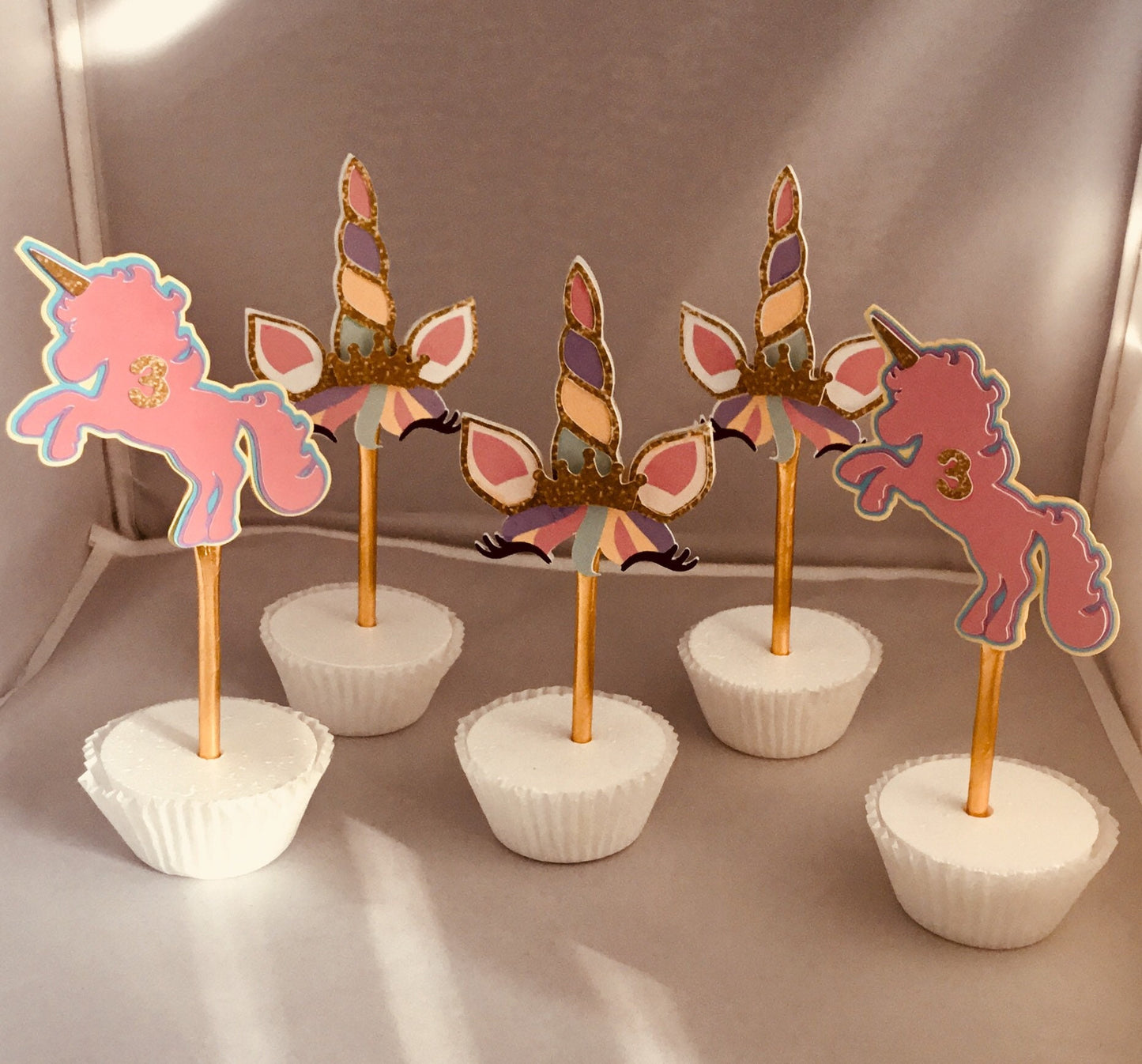 Unicorn cupcake toppers with gold straws/set of 12 toppers/  unicorn horn and ears/ layered unicorns.