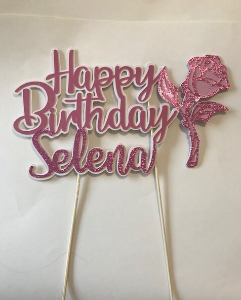 Happy Birthday Script topper with Rose/ Rose Cake Topper
