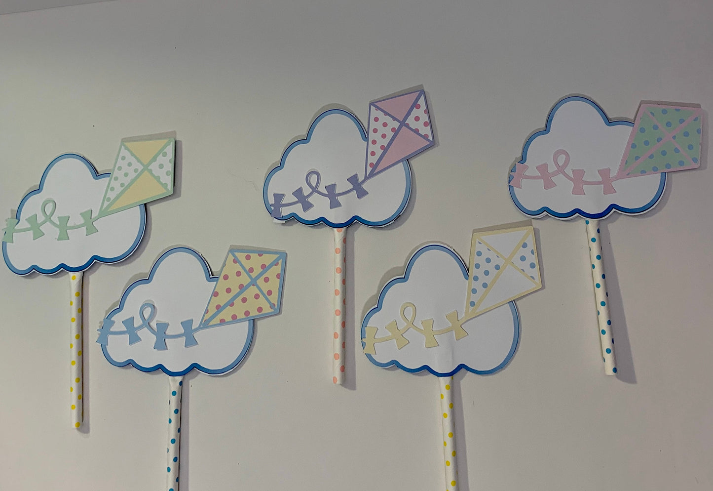 kite cupcake toppers/12 cupcake toppers with kite and cloud/pastel kite toppers