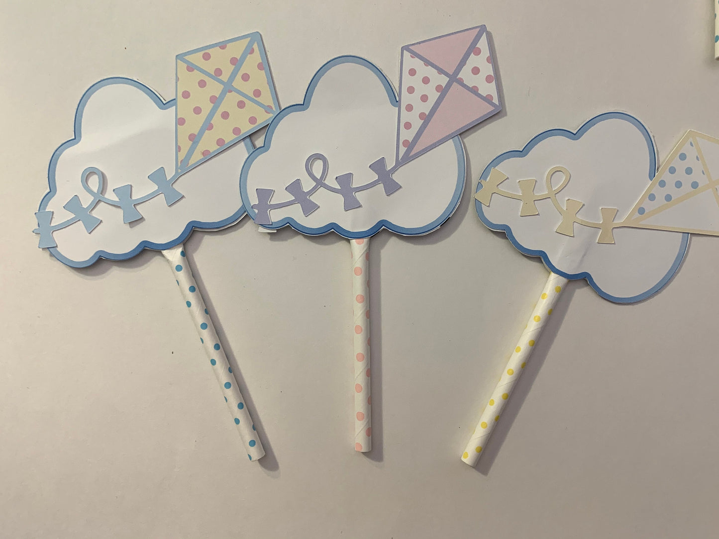 kite cupcake toppers/12 cupcake toppers with kite and cloud/pastel kite toppers