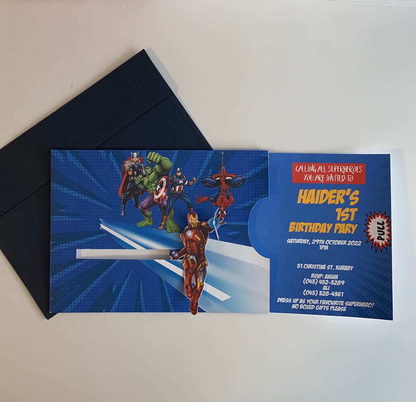 Superheroes/sliding invitations/birthday invites with envelopes