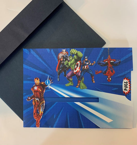 Superheroes/sliding invitations/birthday invites with envelopes