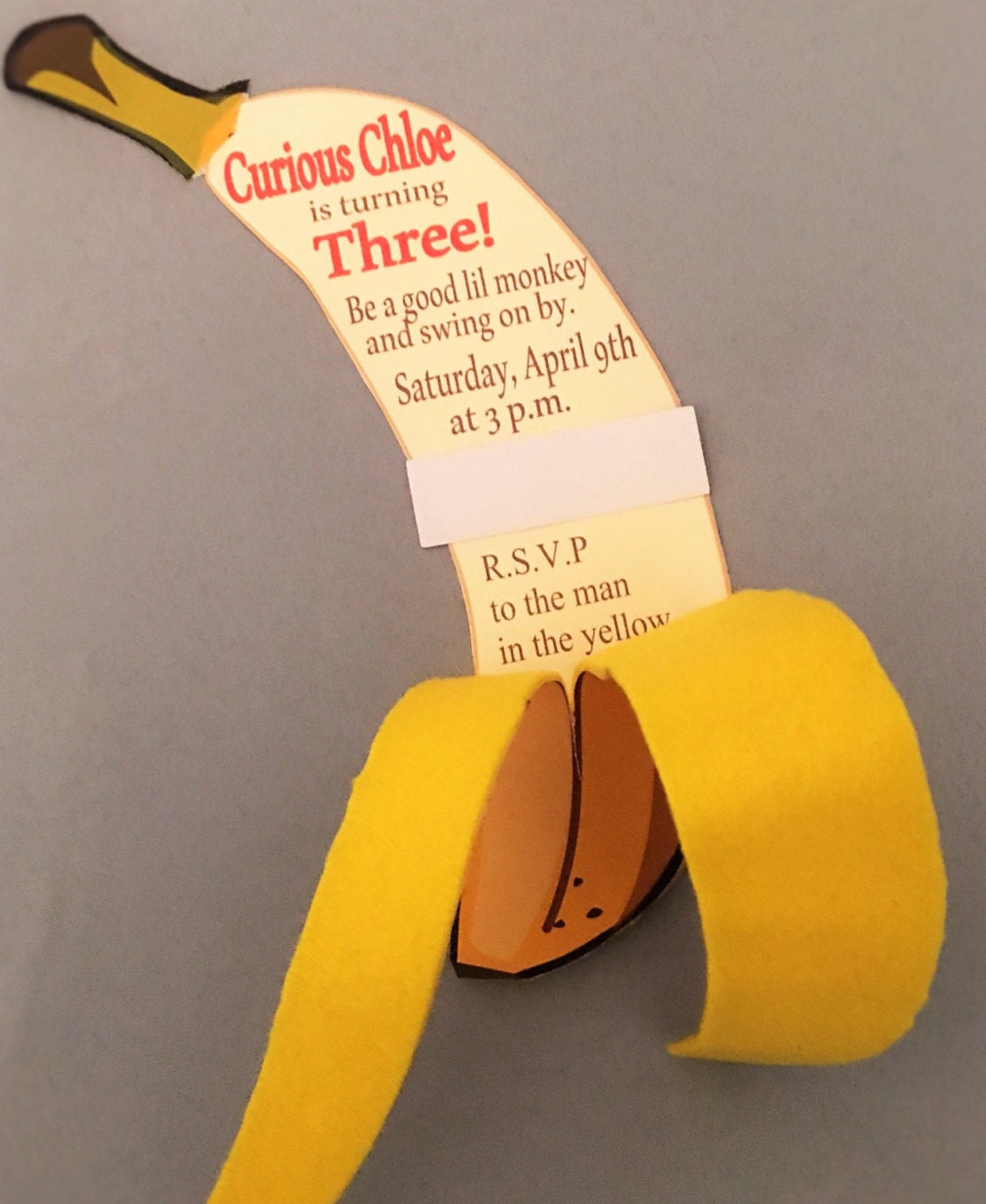 Curious George Invitations/ curious george inspired banana invitations.  Set of 12 invites and envelopes