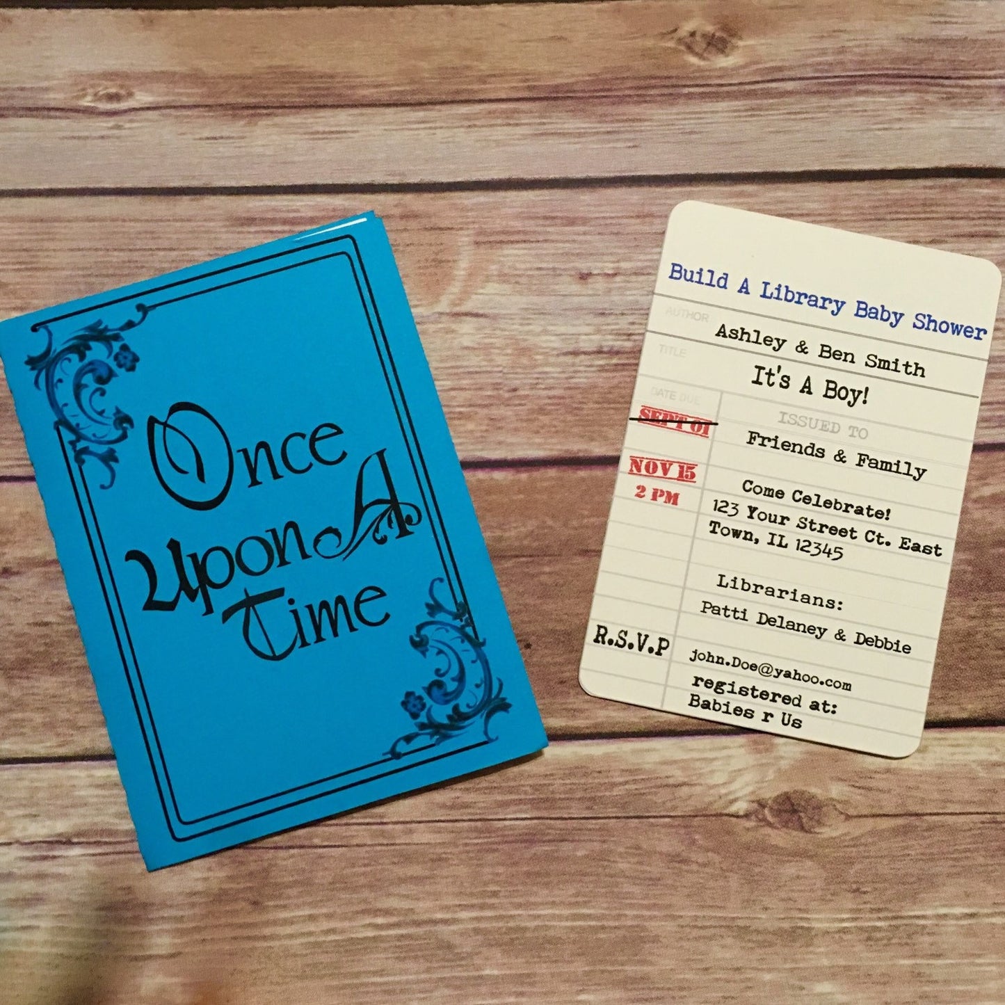 Storybook Invite with Library Card/Once upon a time invite/ set of 12 invites and envelopes