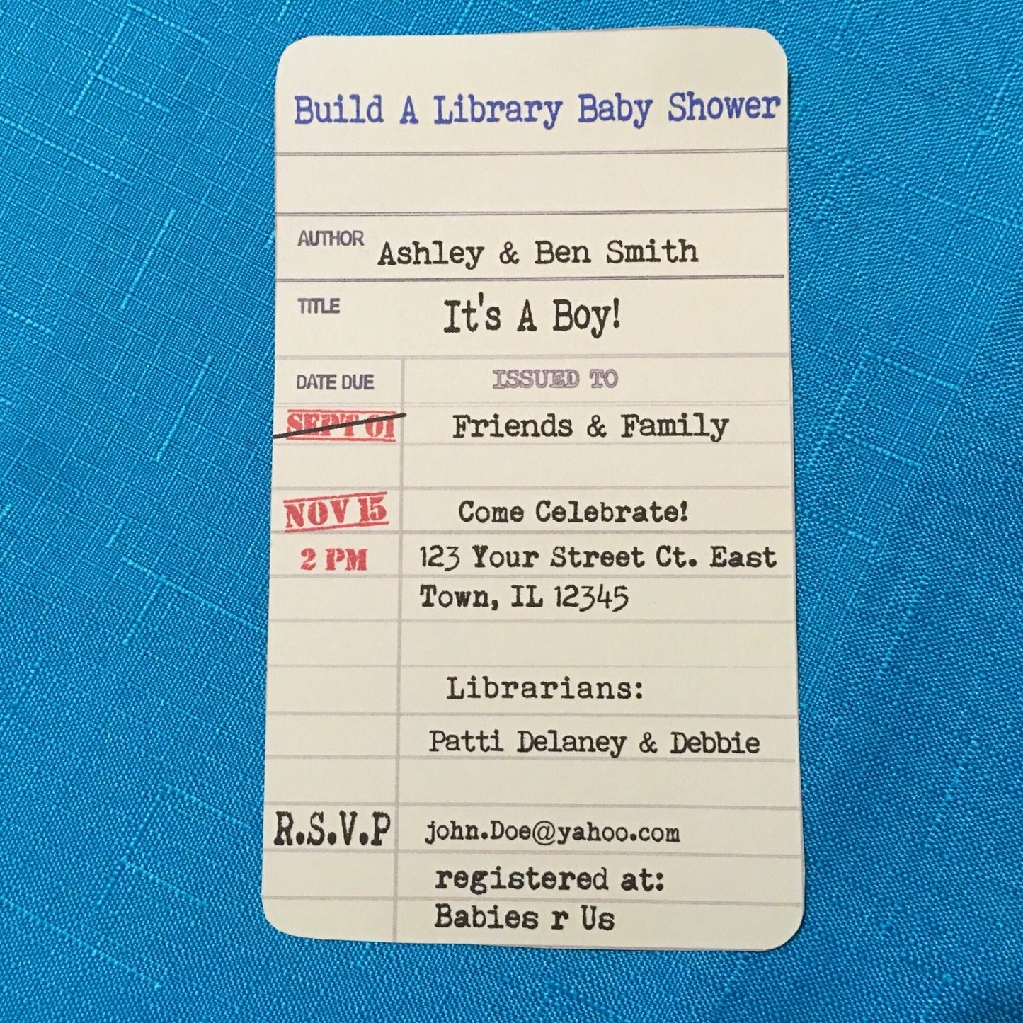 Library Card Baby Shower Invitation set of 12 invites with library card and envelope.