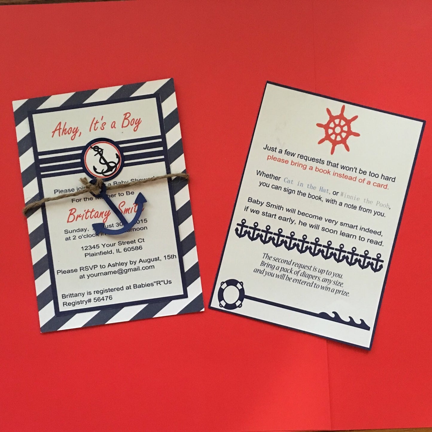 Nautical Baby Shower Invitation/ set if 12 invites with envelopes