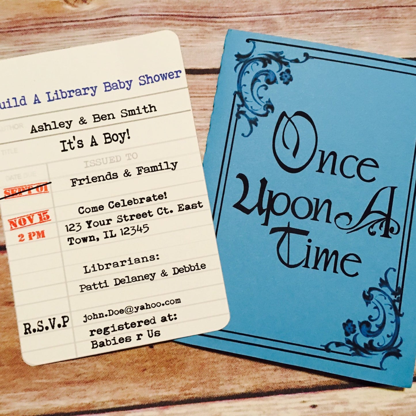 Storybook Invite with Library Card/Once upon a time invite/ set of 12 invites and envelopes